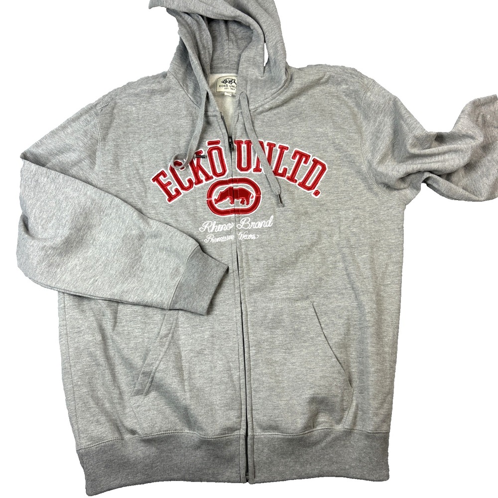 Vtg Y2K Ecko Unltd Hoodie Mens 2XL 52"Gray Skater Hip Hop Embroidered Spellout